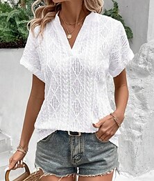 economico -Per donna maglietta Liscio Di tendenza Moderno Informale Manica corta A V Top regolari Giornaliero Fine settimana Occhiello Bianco Rosa Azzurro cielo Cachi Estate Primavera