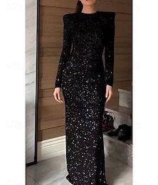 economico -Abito da Sera  Colonna Elegante da Festa Lunghezza Totale con Maniche Lunghe e Collo a Giro in Spandex senza Schiena con Glitter e Ricami in Paillettes