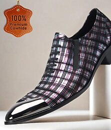 ieftine -Pantofi Oxford din piele cu carouri cu șireturi pentru bărbați – 100% piele premium de vițel cu vârf aurit și capac lucios pentru evenimente formale și ținute de birou