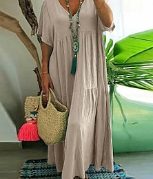 abordables -Femmes Robe maxi Robes en coton et lin Robe Décontractée Basique Occasionnel Vacances Quotidien Coupe régulière Uni Manche Courte Col en V Rouge Orange Kaki Bleu de minuit Été