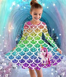 voordelige -Meisjes 3D Grafisch Eenhoorn Jurk Lange mouw Zomer Lente Vakantie Dagelijks Feestdagen Prinses Mooi Zoet Kinderen 4-12 jaar Casual jurk A lijn jurk Tot de knie Normale pasvorm