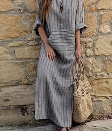 economico -Per donna Normale Abito maxi Abiti in cotone e lino Abito Vintage Elegante Casual Lavoro Quotidiano Vestibilità comoda A righe Manica Lunga Scollo a V Rosso Verde Grigio Primavera Autunno