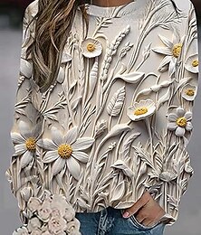 abordables -Mujer Sudadera Floral Casual Manga Larga Cuello Barco Tops regulares Calle Uso Diario Estampado Beige Otoño Invierno
