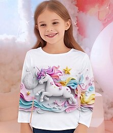 billiga -Flickor 3D Grafisk Djur Enhörnings T-shirt Långärmad Vår Höst Mode Grundläggande Barn 4-12 år Rund hals Utomhus Ledigt Dagligen Normal