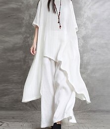 abordables -Femmes Mode Streetwear Quotidien Chemise Ensembles inspirés du lin Ensembles deux pièces Pantalons à Jambes Larges Manche 3/4 Col ras du cou Uni Occasionnel Quotidien Noir Blanche Vert Véronèse