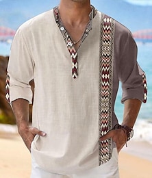 economico -Per uomo Tribale Etnico Camicia camicia di lino Camicia con bottoni Manica lunga Tribale Da mare Da tutti i giorni Per uscire Primavera & Autunno Colletto alla coreana Bottoni Stampa Bianco Cachi