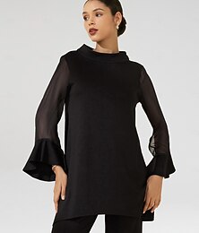 economico -camicetta nera da donna con collo alto, in chiffon, modal, patchwork, polsini svasati, vestibilità slim, elastica, elegante, casual, da ufficio