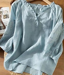 preiswerte -Damen Hemd Leinen-inspirierte Hemden Bluse Einfarbig Stilvoll Lässig Dreiviertelarm V Ausschnitt Normale Oberteile Täglich Rüsche Bestickt Knöpfe Weiß Blau Sommer Frühling Herbst