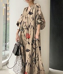 levne -Dámské Maxi šaty Šaty inspirované plátnem Swingové šaty Elegantní Dovolená Denní Volný Květinový Dlouhý rukáv Do V Světle zelená Béžová Jaro Podzim