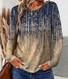 abordables -Mujer Camiseta Ombre Graphic Casual Manga Larga Cuello Barco Tops regulares Diario Estampado Caqui Primavera Otoño