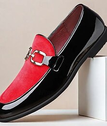 preiswerte -Luxuriöse Loafer für Herren aus rotem Samt und schwarzem Lackleder – stilvolle Slipper mit Metallschnalle für Hochzeiten und formelle Anlässe