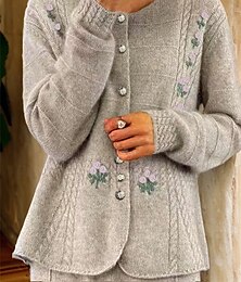 economico -maglione da donna cardigan girocollo maglia a trecce bottoni ricamati maglia spalla scesa primavera autunno casa quotidiano festa vintage quotidiano morbido manica lunga floreale colore puro cammello