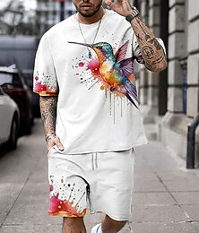 abordables -Hombre Pájaro 2 piezas Conjuntos de camisetas Conjuntos a juego Manga Corta Pantalones cortos Cuello Barco Deportes Casual Exterior Vacaciones Diario Correa Cuello redondo Estampado Verano Blanco
