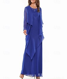 abordables -Ensembles de Robes A-Line Robe de Mère de la Mariée Élégante Simple Col Rond Longueur D'Ambiance Chiffon Manches Longues avec Perles Tier en Dentelle Volants Cascadants 2025