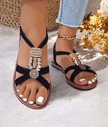 voordelige -Zwarte bohemian sandalen voor dames met kralenversieringen, kruisbandjes en platte zool voor zomerse strandkleding en casual uitjes