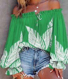 cheap -Women's Shirt Blouse Floral Stylish Casual Long Sleeve Off Shoulder Regular Tops Daily Backless Print Royal Blue Blue Fuchsia Green Summer Spring