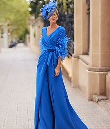 abordables -Combinaison  Costume de Pantalon Mère de la Mariée Élégant Vintage Col en V Longueur Sol Chiffon Extensible Manches Mi-Longues avec Plumes Paillettes Appliqués