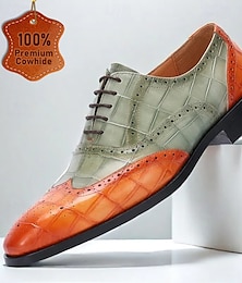 levne -pánské oxfordky v zelené a oranžové barvě – prémiová hovězí kůže, krokodýlí reliéfní vzor, brogue detaily, elegantní formální obuv na svatby a obchodní akce