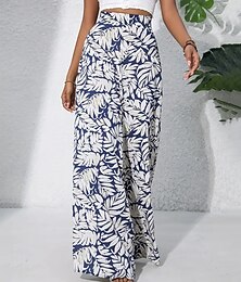 preiswerte -Damen Breites Bein Hosen Hose Leicht Brautkleider schlicht In voller Länge Mittlere Hüfthöhe Graphic Kokosnussbaum Print Atmungsaktivität Komfortabel Unelastisch Heim Casual Meerblau Hyazinth
