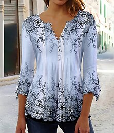 abordables -Blusa básica para mujer con estampado floral y botones, manga 3/4, cuello redondo, informal, para vacaciones, rosa, azul, morado y verde