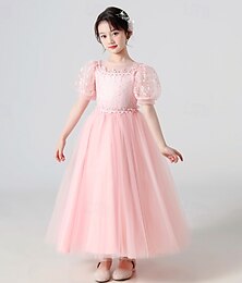 economico -Bambino Da ragazza Vestito da festa Tinta unica Manica corta Prestazioni Compleanno Bellissimo Dolce Poliestere Maxi Vestito da festa Vestito svasato Abito linea A Estate 4-12 anni Bianco Rosa Blu