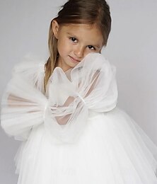 billiga -Brudnäbbsklänning Barn Flickor Prinsessaklänning Prestanda Bröllop Fest Elegant Skön Nät Ensfärgat Långärmad Off shoulder Svart Vit 4 år +