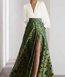 preiswerte -Grünes Floral A-Linie Abendkleid Elegantes Kleid Formal Hochzeit Asymmetrische Lange Ärmel Satin mit Bestickung Applikationen Derby Kleid Derby Kleider Renntag Kleid 2025