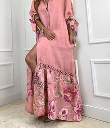 levne -Dámské Maxi šaty Bavlněné lněné šaty Košilové šaty Volnočasové šaty Na běžné nošení Dovolená Denní Běžný Květinový 3/4 délka rukávu Košilový límec Bílá Světlá růžová Nebeská modř Fialová Léto