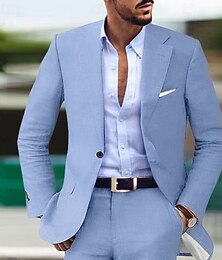 voordelige -Heren Bruiloft Linnen Linnen pakken Inkeping Licht Blauw Donkerblauw Effen Getailleerd 2-delige set Enkele rij knopen met één knoop