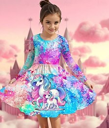 halpa -Tyttöjen 3D Kuvitettu Yksisarvinen Mekko Pitkähihainen Kesä Kevät Loma Päivittäin Pyhäpäivä Prinsessa Kaunis Makea Lapset 4-12 vuotta Rento mekko A linjainen mekko Polvipituinen Normaali