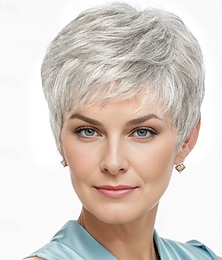 economico -parrucche grigie corte per donne bianche parrucche ondulate ricce grigio argento miste con frangia bianca parrucche sintetiche per capelli corti da nonna