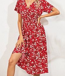abordables -Femme Robe mi-longue Robe casual Robe Évasée Robe Trapèze mode Décontractées Vacances du quotidien Standard Floral Manche Courte Col V Noir Blanche Jaune Rose Claire Eté