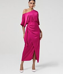 economico -Per donna Abito in Raso Maxi in Raso Blu marino Rosso rosa Mezze maniche Tinta unica Spalla abbassata annodata Avvolgere Primavera & Autunno Interstagionale Elegante Festa XS S M