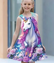 ieftine -Girls ' 3D Grafic Inorog Rochie Fără manșon Vară Primăvară Vacanță Zilnic Concediu Prințesă Frumoasa Dulce Copii 4-12 ani Rochie casual Rochie A line Lungime Genunchi Fit regulat