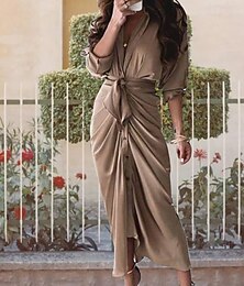 abordables -Femme robe longue Robe chemise Robe casual Robe d'été mode Décontractées Vacances du quotidien Rendez-vous Standard Bloc de couleur manche longue Revers Blanche Jaune Bleu Ciel Kaki Eté Printemps