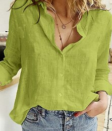 economico -Per donna Camicia Camicie di cotone e lino Abbottonare Blusa Tinta unica Essenziale Casual Manica Lunga Colletto a Camicia Top Regolari Quotidiano Bottoni Giallo Verde Estate Primavera