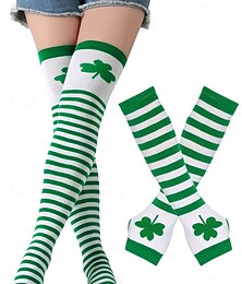 abordables -Ensemble de chaussettes hautes et de gants sans doigts à rayures vertes et blanches pour la Saint-Patrick avec motif trèfle, accessoires festifs pour femmes, parfaits pour les fêtes de fin d'année et les fêtes costumées