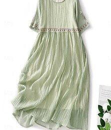 abordables -Femmes Robe maxi Robes en coton et lin Robe Décontractée Robe évasée Robe longue en coton Basique Occasionnel Vacances Quotidien Coupe régulière Fleuri Demi Manches Col ras du cou Blanche Vert Claire