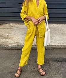 abordables -Femmes Mode Streetwear Chemise Ensembles inspirés du lin Ensembles deux pièces Pantalons en Lin Pantalons Set manche longue Col de chemise Couleur Unie Cordon de serrage Tenue quotidienne Date Noir