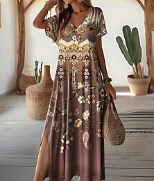 abordables -Robe Maxi Femme Robe Vintage Robe Décontractée Robe D'Été Vintage Ethnique Tribale Épaule Tombante Vacances Rue Fête Ajustement Régulier Tribale Manches Courtes Col en V Blanc Bleu Violet Kaki