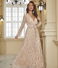 abordables -Robe de bal mariage à la plage robe de fête A-Line robe de soirée cocktail longueur de sol manches longues encolure plongeante avec paillettes en frange