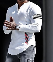 halpa -Miesten Kuvitettu USA Lippukuvio Henley-paita Pitkähihainen 3D-tulostus Muoti Päivittäin Vapaa-aika Kausaliteetti Pyhäpäivä Bile 봄 & Syksy Musta Valkoinen Keltainen Harmaa Henley Henley T-paita