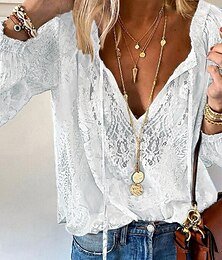 economico -Per donna Camicia Camicia bohémien Blusa Tinta unica Moda Informale Manica lunga A V Top regolari Giornaliero Pizzo Collage Nero Bianco Rosa Beige Estate Primavera