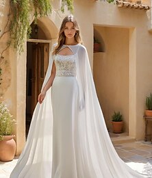 economico -Abiti da sposa con mantella staccabile Sirena  Tromba Collo quadrato Senza maniche Strascico cappella Chiffon Abiti da sposa Abiti da sposa con applicazioni a foglia