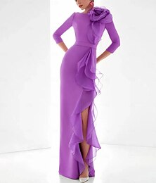 abordables -Fourreau / Colonne Longueur au sol Robes de Cocktail Robes de Bal Robe de Soirée Tenue de soirée Élégant ancien Manche 3/4 Bijoux Formel Chiffon avec Volants Fleur d'Épaule
