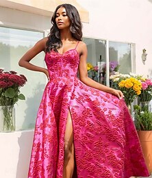 abordables -Vestido de Gala Jacquard Floral Formal Graduación Largo hasta el Suelo Sin Mangas Escote Corazón Parte Superior de Corset con Alto Corte Vestido de Día de Carreras Vestido de Invitada de Boda