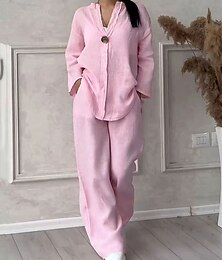 economico -Per donna Moda Streetwear Camicia Set di biancheria in cotone Set da due pezzi Pantaloni di Lino Pantaloni Set Manica Lunga Scollo a V Tinta unica Coulisse Abbigliamento quotidiano Data Nero Bianco