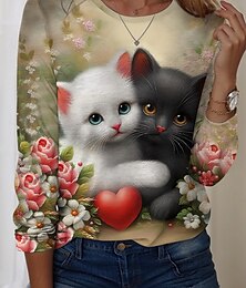 abordables -día de San Valentín Mujer Camiseta Floral Gato Casual Manga Larga Cuello Barco Tops regulares Diario Estampado Amarillo Primavera Otoño