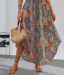 abordables -Femme Jupe Trapèze Mode Décontractées Maxi Taille haute Jupes Géométrique Imprimer Micro-élastique Plein Air du quotidien Noir Vert Eté Polyester