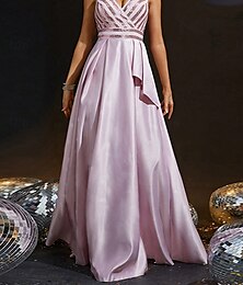 economico -Abito da damigella A-Line Scollo a V Senza Maniche Elegante Lungo Fino al Pavimento Nylon con Spacco Fronte